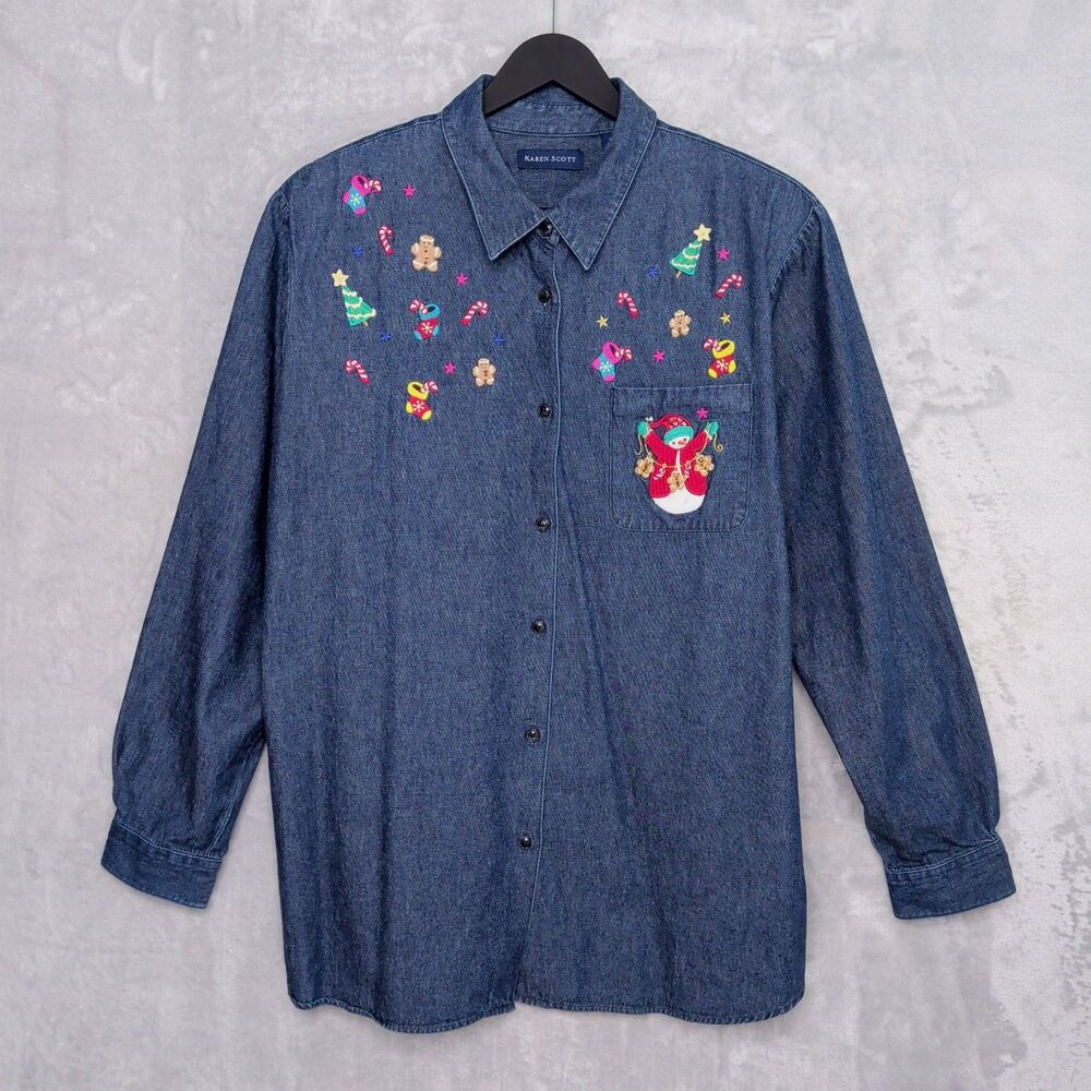 Vintage KAREN SCOTT Denim Christmas Button Up Shirt Size L Embroidered Cotton